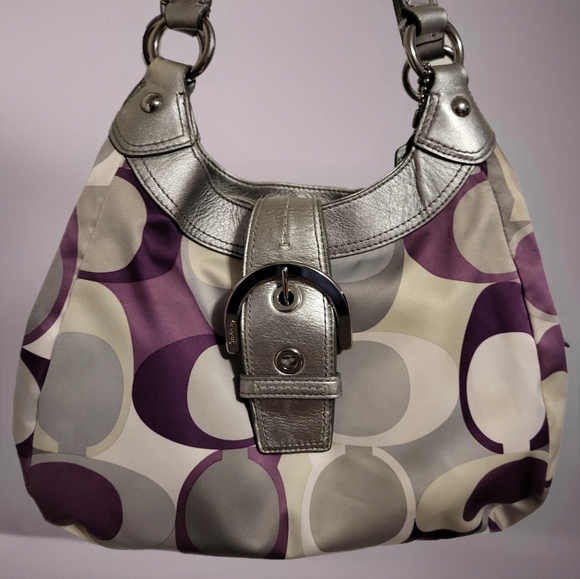 Coach 2 Piece Hobo SATEEN Scarf Print. 2011 Purple GREY SILVER AND WHITE. - Picture 11 of 12